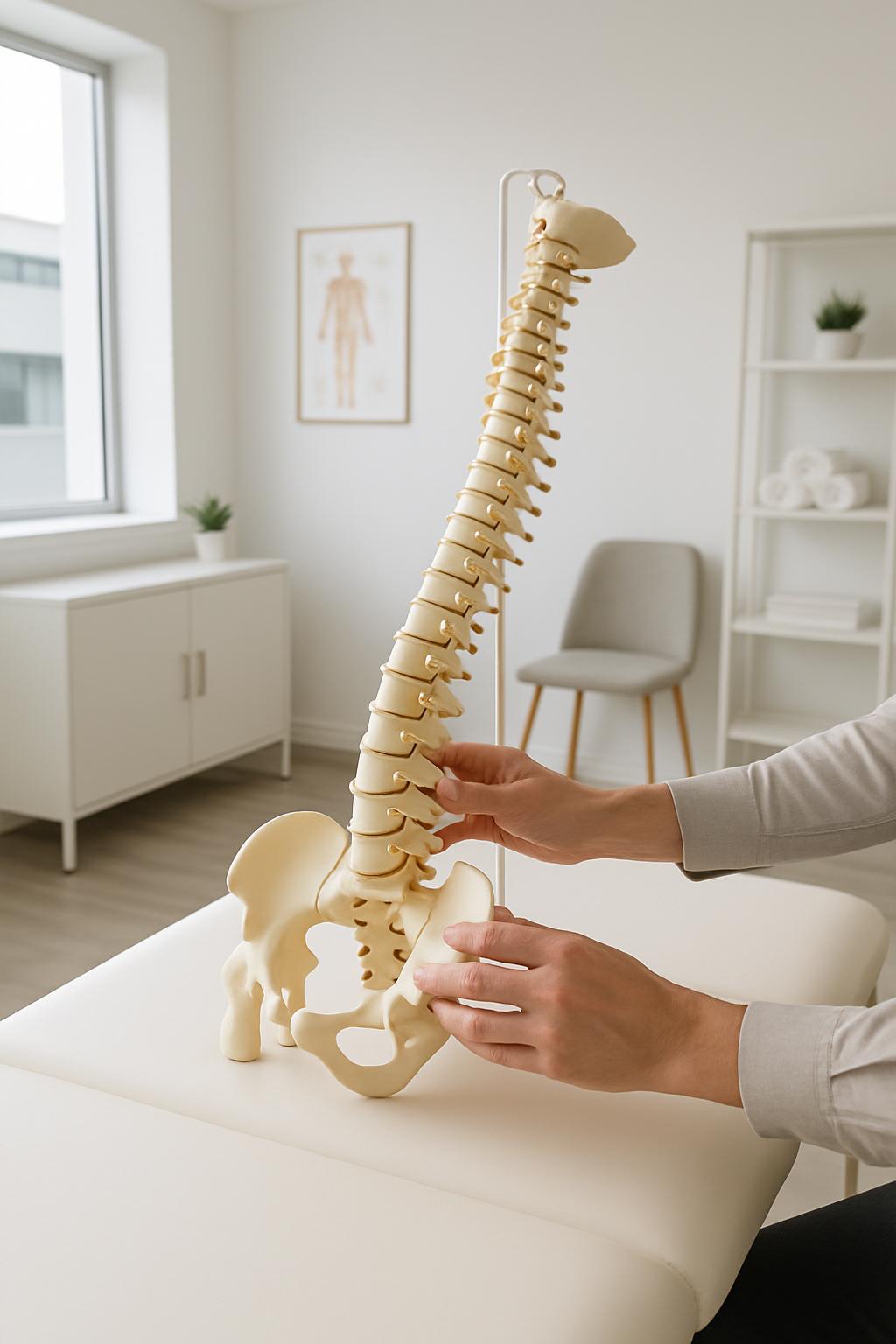 A person explores an anatomy model of the human spine.